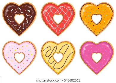 Set of isolated heart-shaped and handdrawn donuts with different colors, flavors, toppings and sprinkles. The donut collection consists of six cartoon donuts - Eps10 vector graphics and illustration