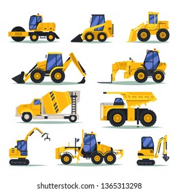 Set of isolated heavy trucks for industrial work. Dump and digger, unloading vehicle and concrete mixer, bulldozer and tipper, yellow excavator, dumper. Heavy car and lorry, large automobile.Machinery