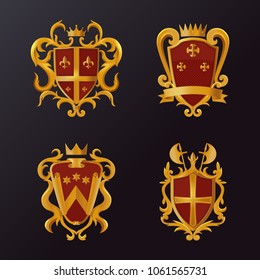 Set of isolated heraldic shields with ribbon and crown, halberd or swiss voulge, stars and crest. Victorian royal logo or old defence sign. Medieval and guarantee, guard and safety theme