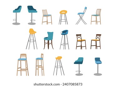 Set of isolated high chairs for home kitchen, bar, cafeteria. Flat style with lines on details. Vector illustration