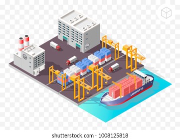 Set of Isolated High Quality Isometric City Elements . Harbor with Shadows on Transparent Background