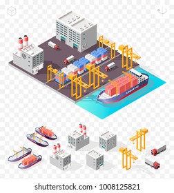 Set of Isolated High Quality Isometric City Elements . Harbor with Shadows on Transparent Background