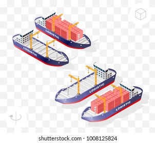 Set of Isolated High Quality Isometric City Elements . Container Ship with Shadows on Transparent Background