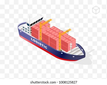 Set of Isolated High Quality Isometric City Elements . Container Ship with Shadows on Transparent Background