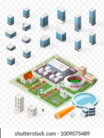 Set of Isolated High Quality Isometric City Elements . Objects with Shadows on Transparent Background