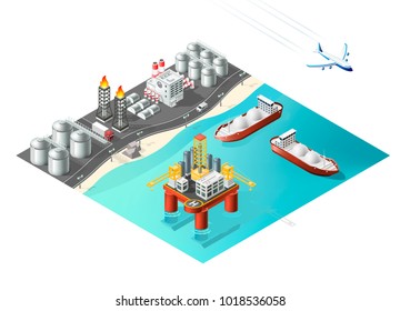 Set of Isolated High Quality Isometric City Elements. Refinery and Oil Platform on White Background