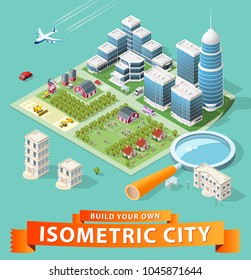 Set Of Isolated High Quality Isometric City Elements On Green Background