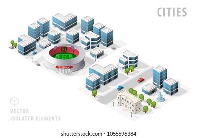 Set of Isolated High Quality Isometric City Maps on White Background