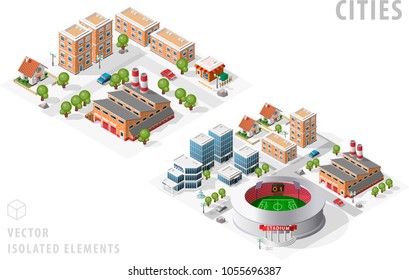 Set of Isolated High Quality Isometric City Maps on White Background