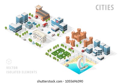 Set of Isolated High Quality Isometric City Maps on White Background