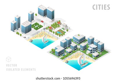 Set of Isolated High Quality Isometric City Maps on White Background