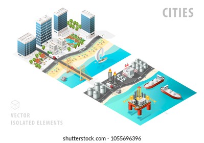 Conjunto de mapas aislados de ciudades isométricas de alta calidad sobre fondo blanco