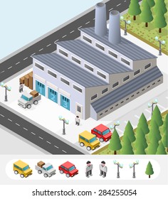 Set of Isolated High Quality Isometric City Elements. A Factory on White Background.