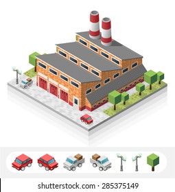 Set of Isolated High Quality Isometric City Elements. Factory on White Background.