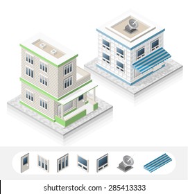 Set of Isolated High Quality Isometric City Elements. Two Residential on White Background.