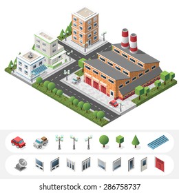 Set of Isolated High Quality Isometric City Elements  on White Background. 