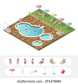 Set of Isolated High Quality Isometric City Elements. Swimming Pool on White Background.