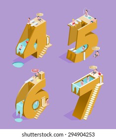 Set of Isolated High Quality Isometric Yellow Numbers on Purple Background ( Four , Five , Six and Seven ). Vector Illustration.