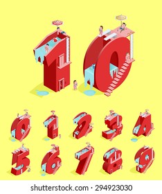 Set of Isolated High Quality Isometric Red Numbers on Yellow Background ( Zero , One , Two , Three , Four , Five , Six , Seven , Eight and Nine ). Vector Illustration.