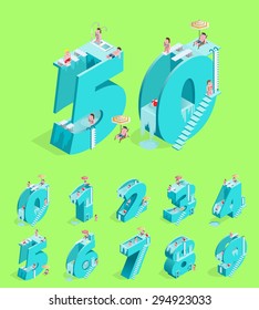 Set of Isolated High Quality Isometric Blue Numbers on Green Background ( Zero , One , Two , Three , Four , Five , Six , Seven , Eight and Nine ). Vector Illustration.