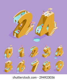 Set of Isolated High Quality Isometric Yellow Numbers on Purple Background ( Zero , One , Two , Three , Four , Five , Six , Seven , Eight and Nine ). Vector Illustration.