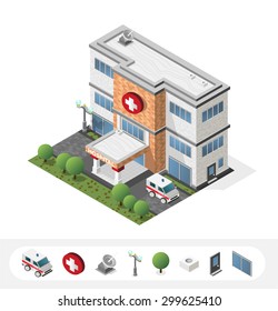 Set of Isolated High Quality Isometric City Elements. Hospital on White Background.