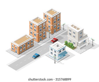 Set of Isolated High Quality Isometric City Elements on White Background.