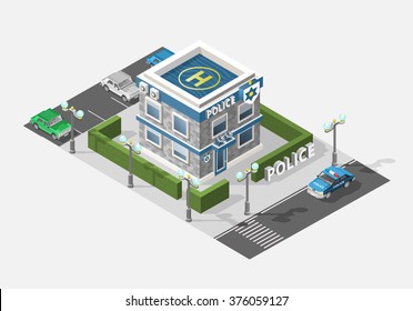 Set of Isolated High Quality Isometric City Elements. Hospital on White Background. Police Department.