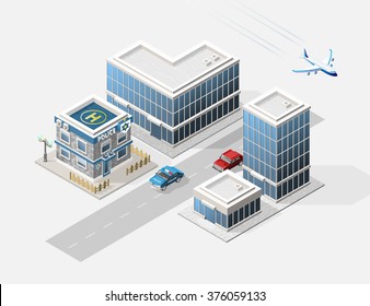 Set of Isolated High Quality Isometric City Elements on White Background.