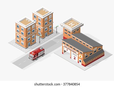 Set of Isolated High Quality Isometric City Elements on White Background. Fire Station.