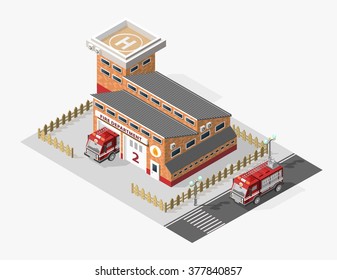 Set of Isolated High Quality Isometric City Elements. Fire Department on White Background.