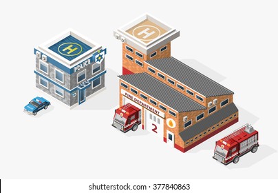 Set Of Isolated High Quality Isometric City Elements. Fire Department And Police Station On White Background.