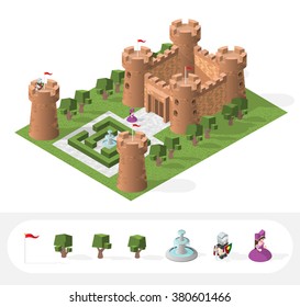 Set of Isolated High Quality Isometric Medieval Elements. Castle on White Background.