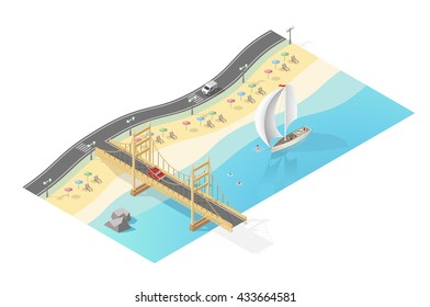 Set of Isolated High Quality Isometric City Elements. Beach with Bridge on White Background.