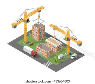 Set of Isolated High Quality Isometric City Elements. Construction Scene on White Background.