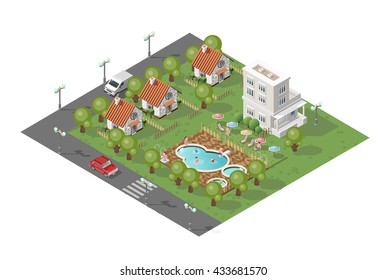 Set of Isolated High Quality Isometric City Elements. Cottages with Swimming Pool on White Background.