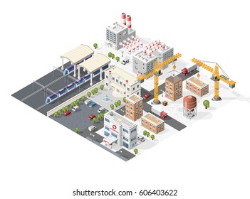 Set of Isolated High Quality Isometric City Elements on White Background