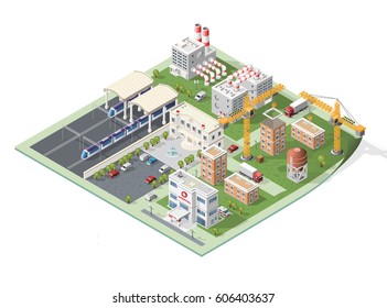 Set of Isolated High Quality Isometric City Elements on White Background