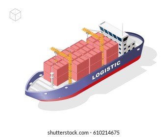 Set of Isolated High Quality Isometric City Elements . Container Ship with Shadows on White Background