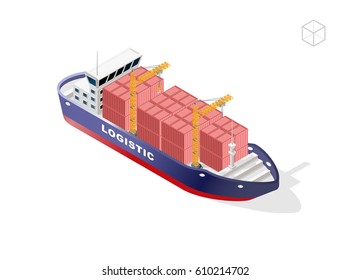 Set of Isolated High Quality Isometric City Elements . Container Ship with Shadows on White Background