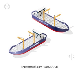 Set of Isolated High Quality Isometric City Elements . Container Ship with Shadows on White Background