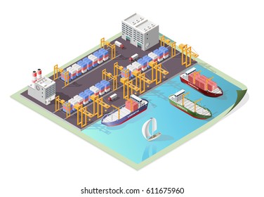 Set of Isolated High Quality Isometric City Elements . Harbor with Shadows on White Background