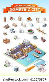 Set of Isolated High Quality Isometric City Elements . Harbor with Shadows on White Background