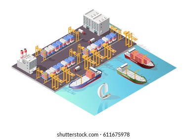 Set of Isolated High Quality Isometric City Elements . Harbor with Shadows on White Background