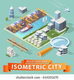 Set of Isolated High Quality Isometric City Elements . Harbor with Shadows on White Background