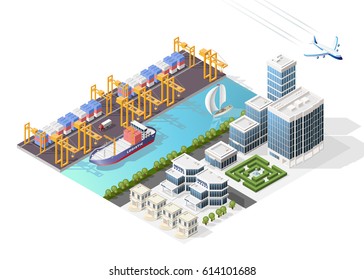 Set of Isolated High Quality Isometric City Elements . Harbor with Shadows on White Background