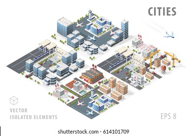 Set of Isolated High Quality Isometric City Maps on White Background