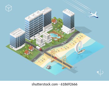 Set of Isolated High Quality Isometric City Elements on Blue Background