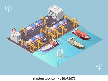 Set of Isolated High Quality Isometric City Elements . Harbor with Shadows on Blue Background