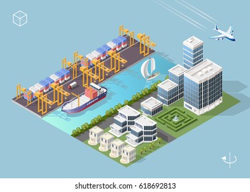 Set of Isolated High Quality Isometric City Elements . Harbor with Shadows on Blue Background